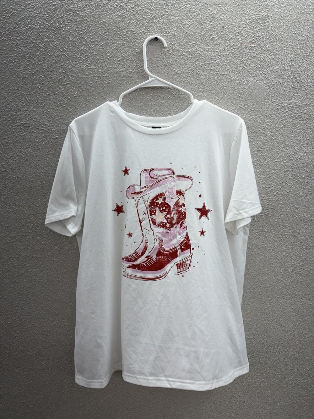 Shein Womens T-Shirt Size XL White Pink Graphic Cowboy Boot and Hat Short Sleeve